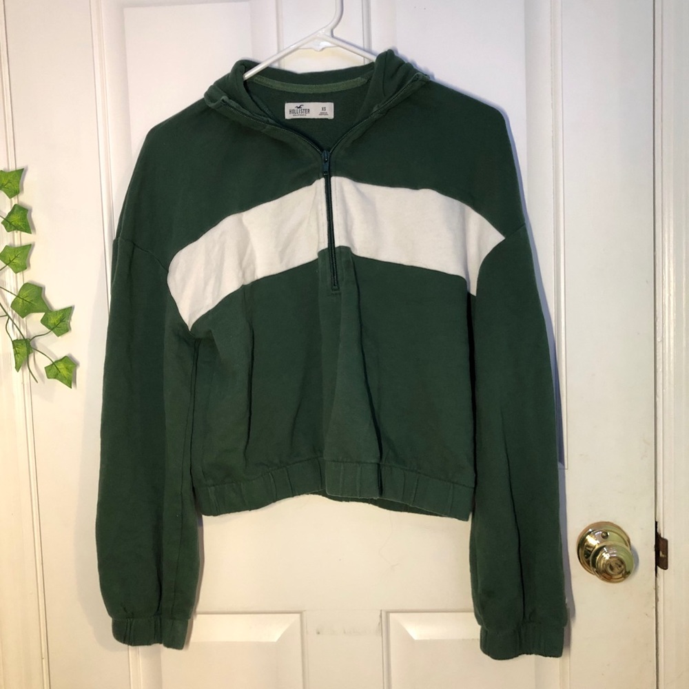 hollister green and white stripe quarter zip